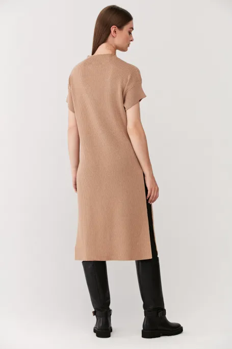 Tunika dzianinowa z wełny merynosowej luxury line camelowy Tunika dzianinowa z wełny merynosowej luxury line camelowy