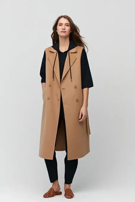 Długa kamizelka wełniana doubleface camelowy