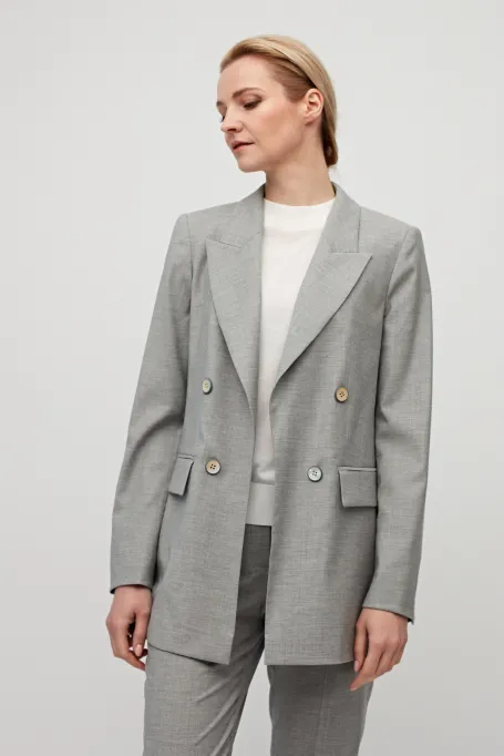 Szary żakiet z wełną do garnituru dwurzędowy