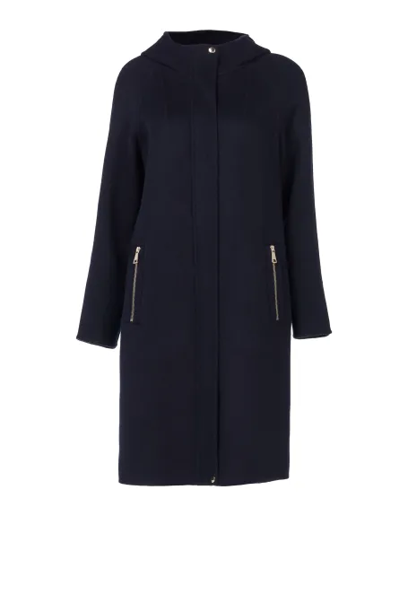Granatowy wełniany płaszcz z kapturem doubleface