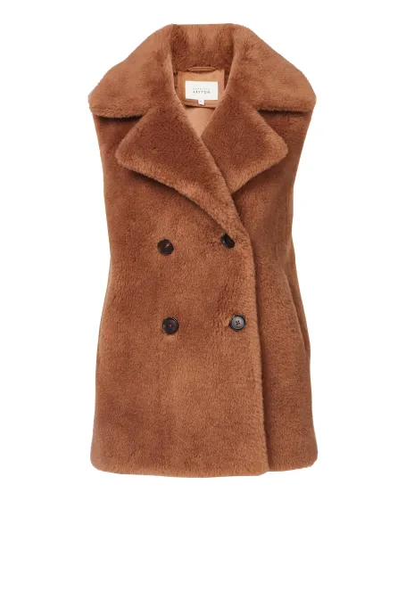 Dwurzędowa kamizelka z wełny teddy bear camelowy