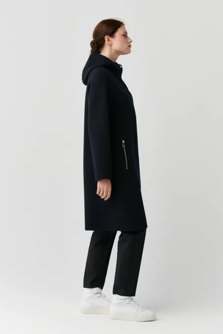 Granatowy wełniany płaszcz z kapturem doubleface