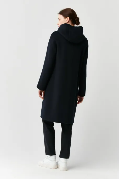 Granatowy wełniany płaszcz z kapturem doubleface