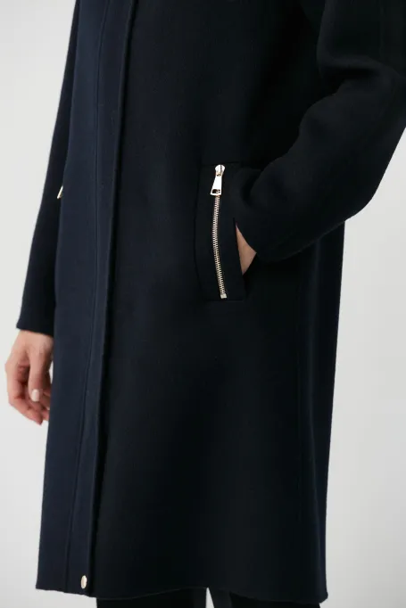 Granatowy wełniany płaszcz z kapturem doubleface