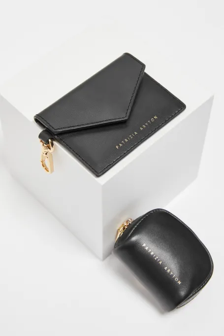 Skórzany mini set na kartę, dokumenty, słuchawki czarny