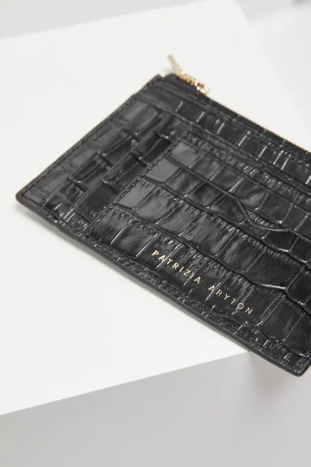 Czarny skórzany portfel croco na karty i dokumenty