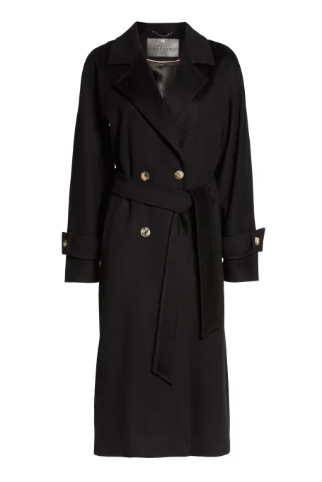 Długi czarny płaszcz z paskiem z wełny jagnięcej