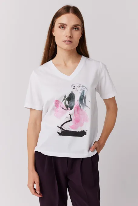 Biały bawełniany t-shirt z nadrukiem dekolt w szpic