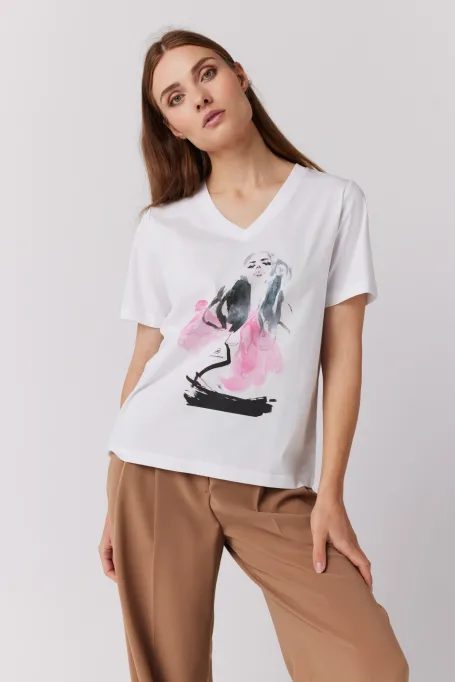 Biały bawełniany t-shirt z nadrukiem dekolt w szpic