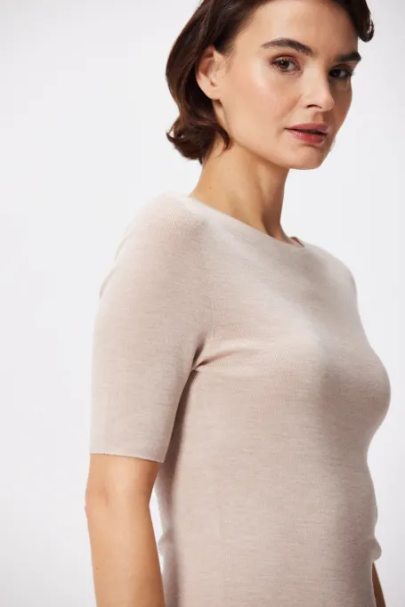 Bezszwowa bluzka z krótkim rękawem z wełny merynosowej różowy