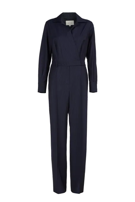 Granatowy wełniany kombinezon w paski
