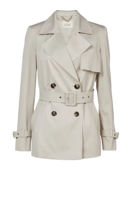 Beżowy krótki trencz z paskiem damski - Patrizia Aryton