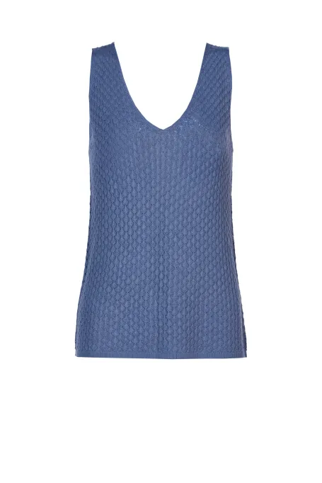 Ażurowy top na ramiączkach dekolt w szpic niebieski