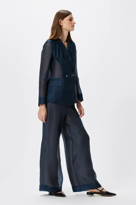 Jedwabne szerokie spodnie do garnituru granatowy