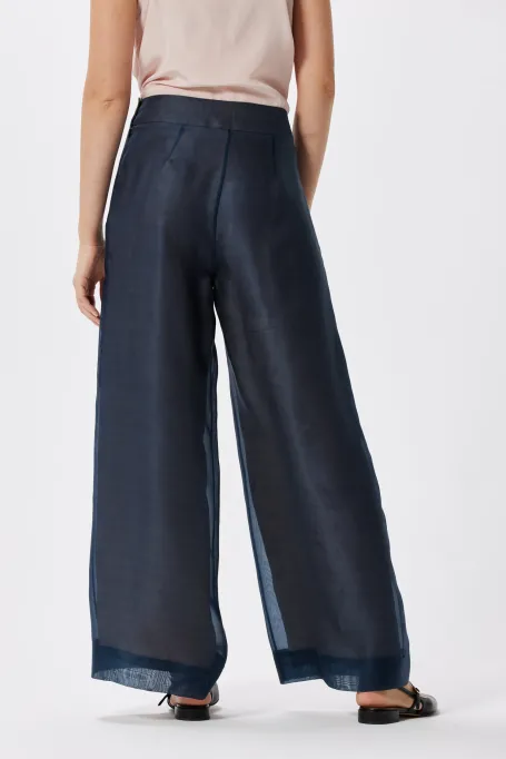 Jedwabne szerokie spodnie do garnituru granatowy