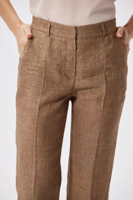 Spodnie z lnem do garnituru camelowy