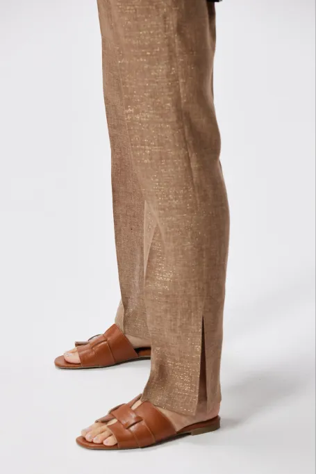 Spodnie z lnem do garnituru camelowy
