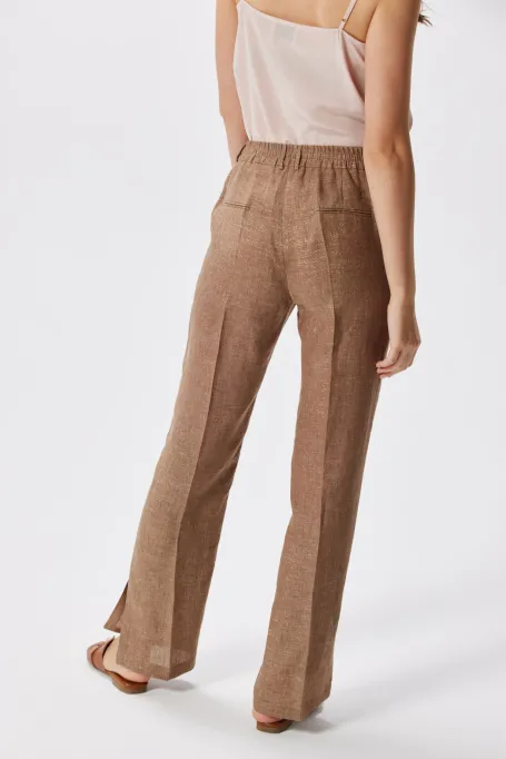 Spodnie z lnem do garnituru camelowy