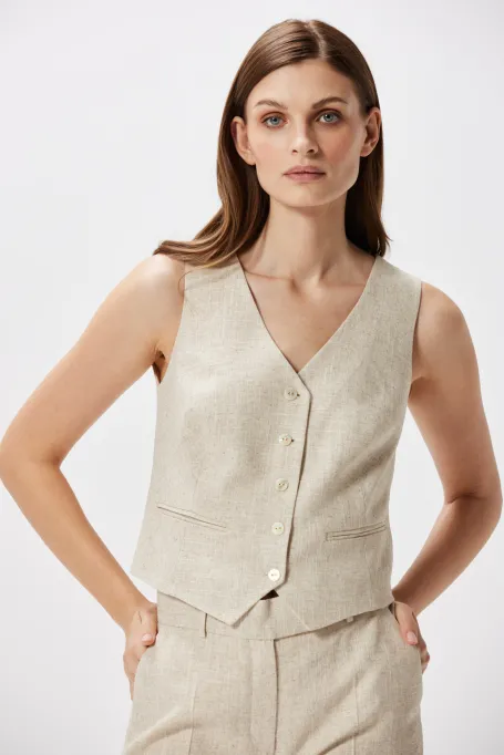 Beżowa kamizelka z lnem do garnituru
