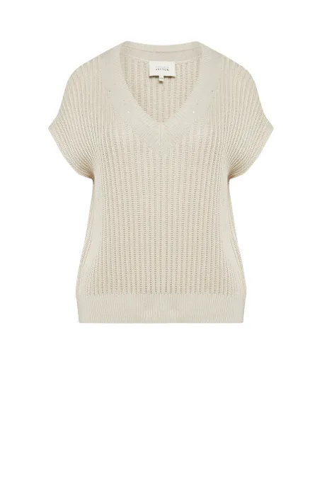 Luźna bluzka z jedwabiem dekolt v beż