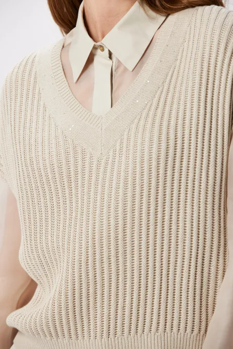 Luźna bluzka z jedwabiem dekolt v beż