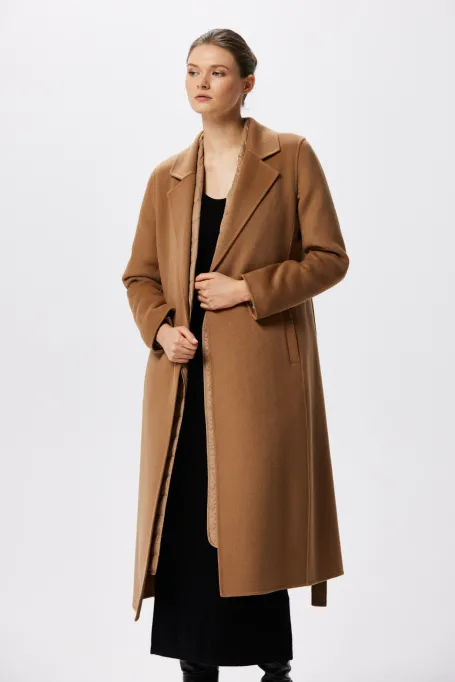 Wełniany płaszcz z kaszmirem doubleface camelowy