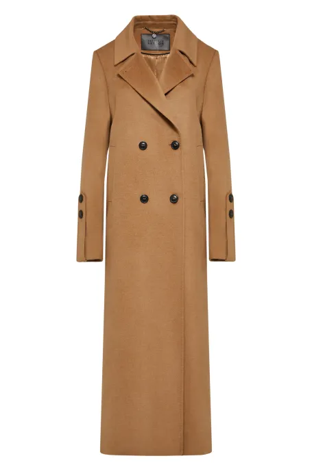 Długi płaszcz z wełną i jedwabiem camelowy