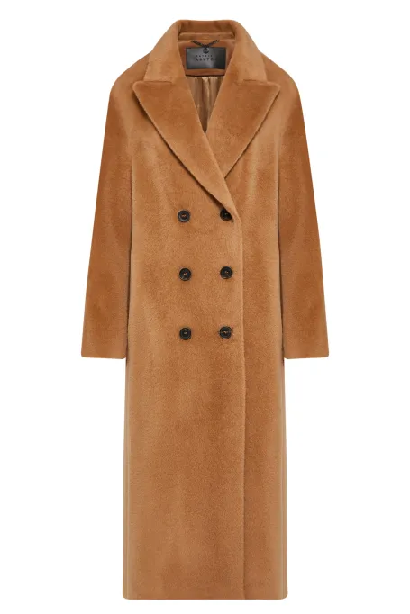 Camelowy płaszcz dwurzędowy z suri alpaką