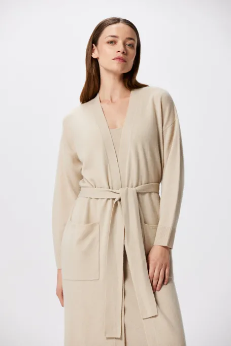 Długi kardigan z kaszmirem i wełną merynosową beż