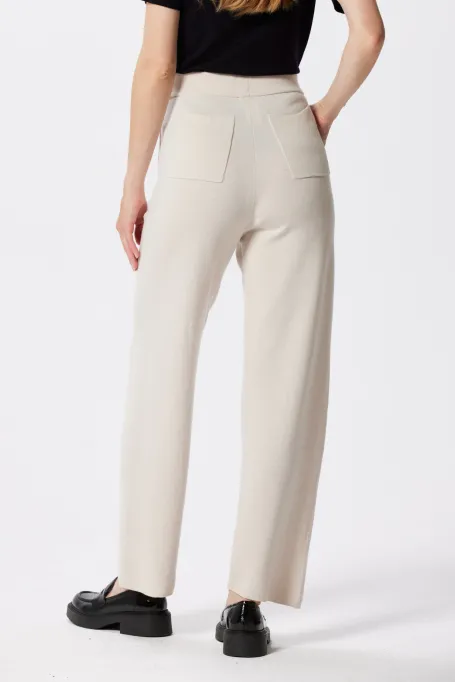 Szerokie spodnie z wełny merynosowej beż