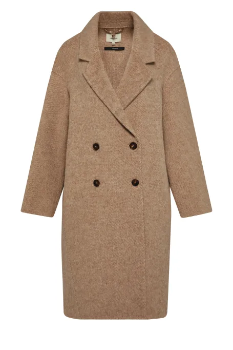Camelowy płaszcz w jodełkę z alpaką doubleface damski - Patrizia Aryton