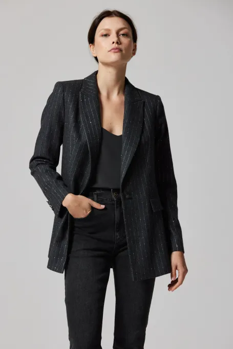 Szary żakiet z wełną w srebrny prążek 