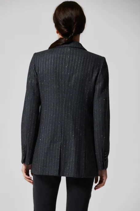 Szary żakiet z wełną w srebrny prążek 