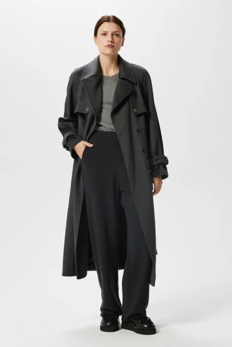 Szary wełniany trencz z jedwabiem i kaszmirem 