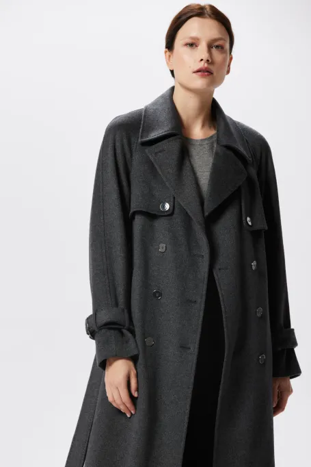 Szary wełniany trencz z jedwabiem i kaszmirem 