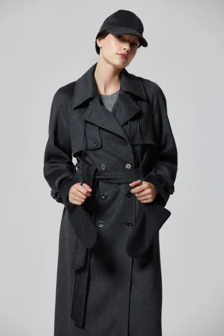 Szary wełniany trencz z jedwabiem i kaszmirem 