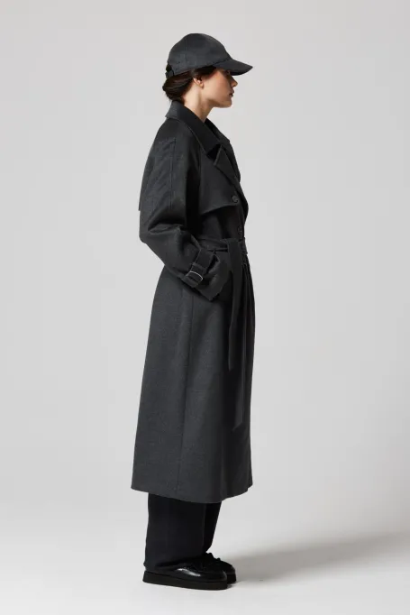 Szary wełniany trencz z jedwabiem i kaszmirem 