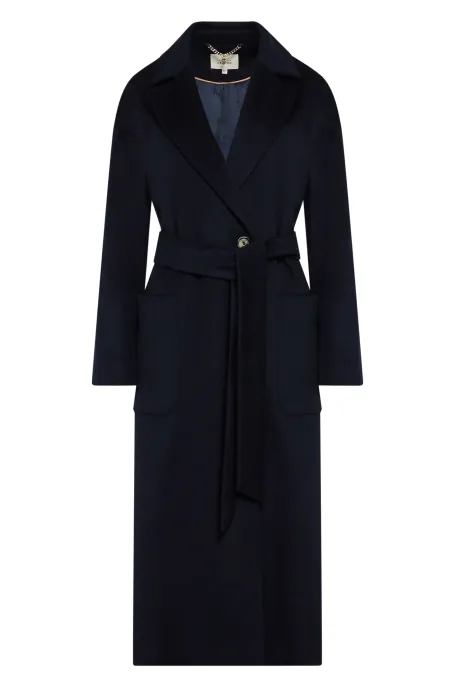 Granatowy wełniany płaszcz z paskiem damski - Patrizia Aryton