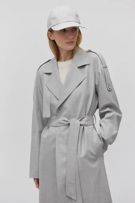 Szary wełniany trencz z paskiem