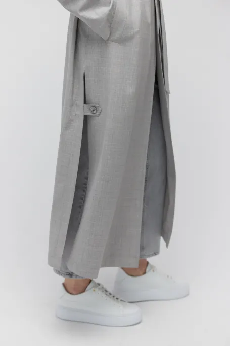 Szary wełniany trencz z paskiem