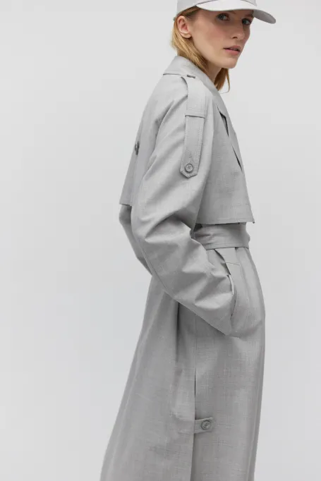 Szary wełniany trencz z paskiem