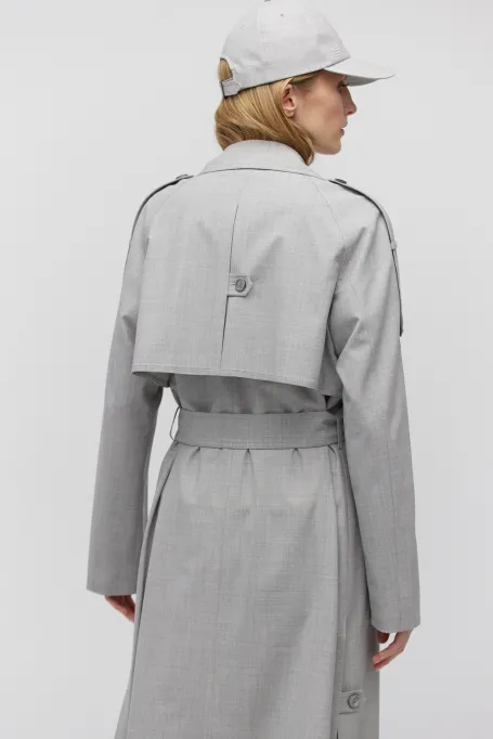 Szary wełniany trencz z paskiem