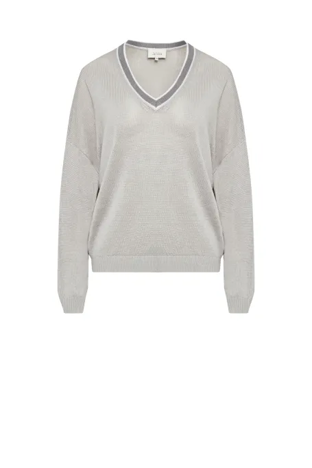 Lniana bluzka z dekoltem w szpic szary