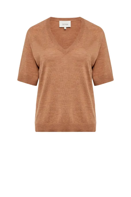 Bluzka z dekoltem w szpic z wełny merynosowej camelowy