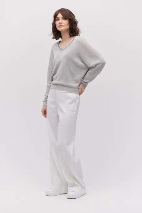 Lniana bluzka z dekoltem w szpic szary