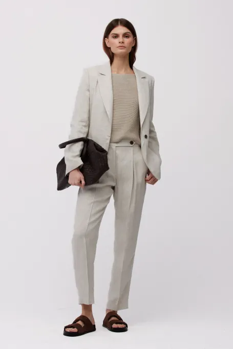 Luźny beżowy żakiet z lnu do garnituru