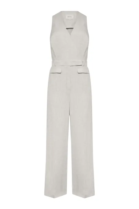 Lniany beżowy kombinezon z szerokimi nogawkami damski - Patrizia Aryton