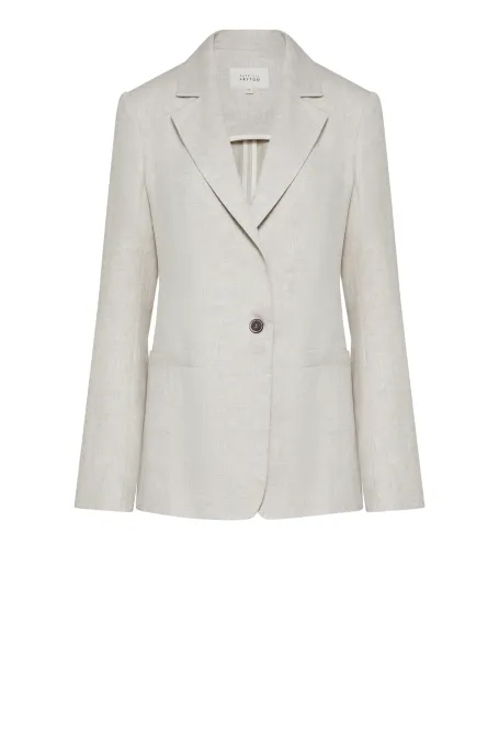 Luźny beżowy żakiet z lnu do garnituru damski - Patrizia Aryton