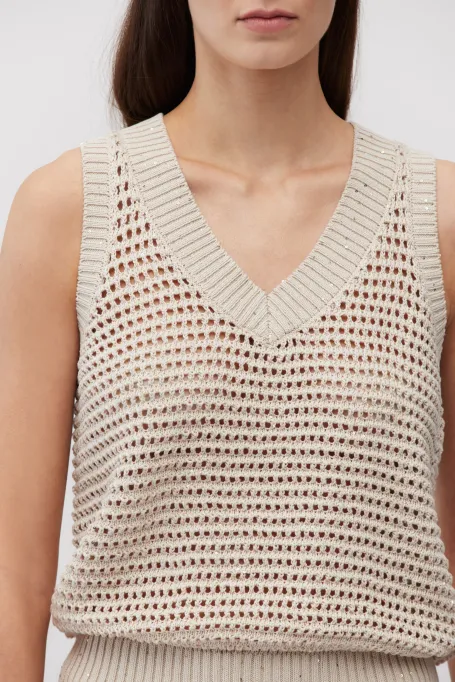 Beżowy ażurowy top z bawełny damski - Patrizia Aryton