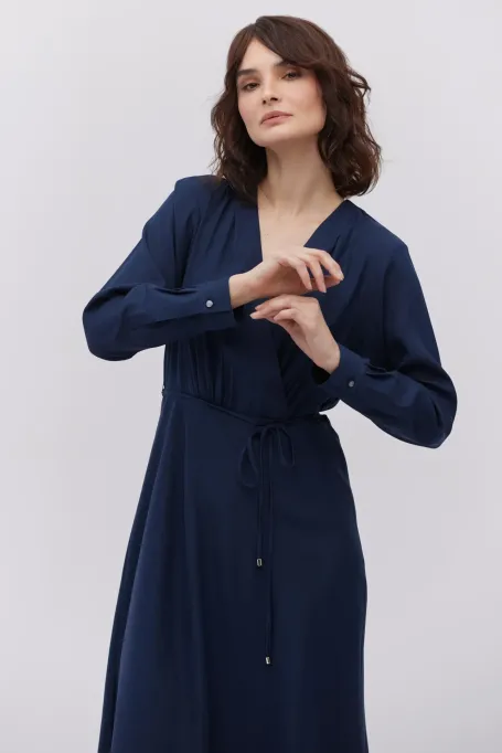 Granatowa jedwabna sukienka midi z długim rękawem - Patrizia Aryton